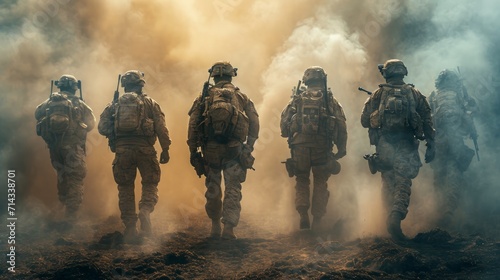 A squad of special ops, assaulting through the fog, with marines and navy in a private strike, meticulously planned photo
