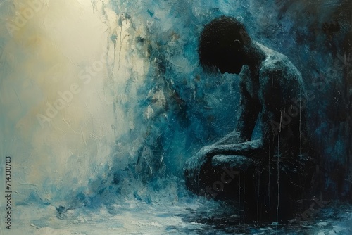 Abstract Painting of Solitary Figure in Blue Tones