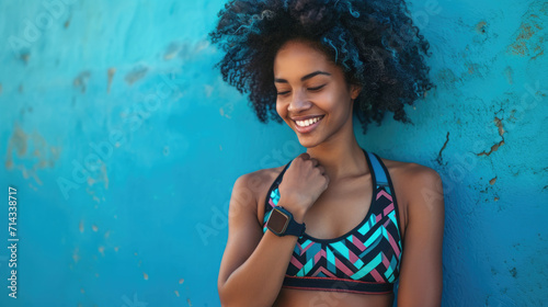 A cheerful African American sportswoman with a smartwatch on her wrist. focus on the theme of technology, fitness, and a healthy lifestyle.