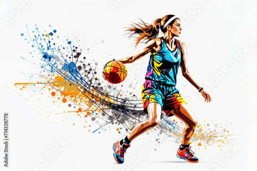A woman dribbling a basketball, in colorful art.