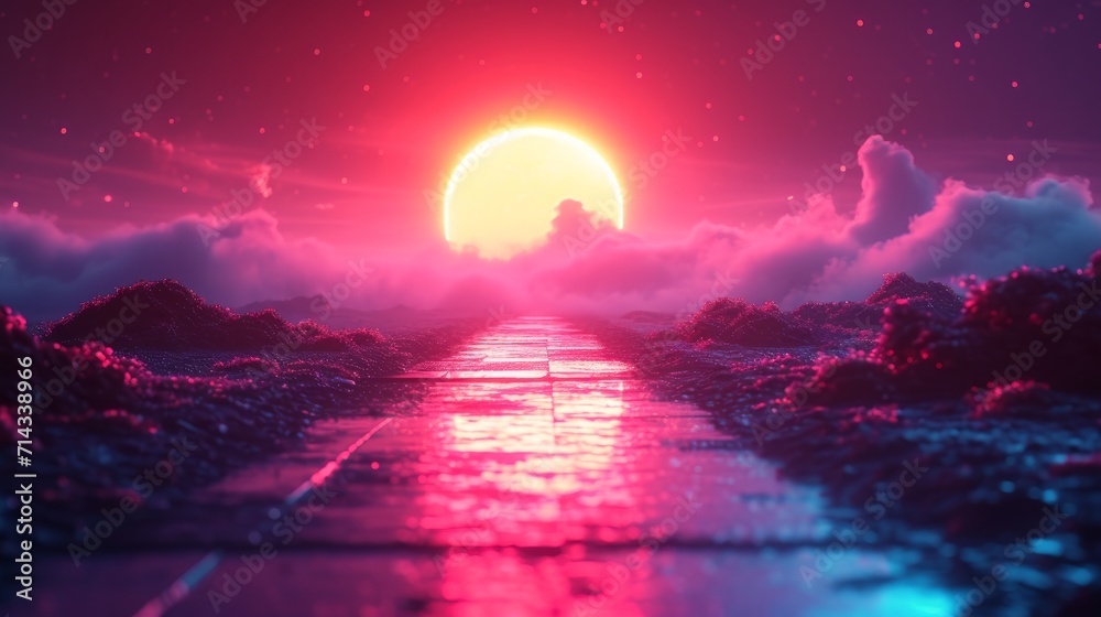 In a vapor sunset, lasers light up the night with a retro touch from the 80s, merging nostalgia with a purple future - obrazy, fototapety, plakaty 