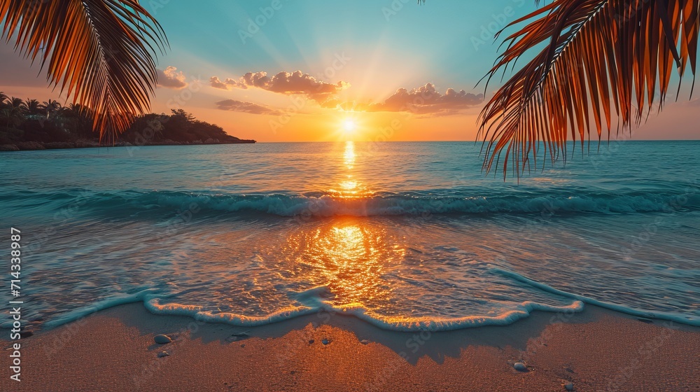 Tranquil beach scene at sunset with the silhouette of a palm tree against a vibrant sky reflecting on the water