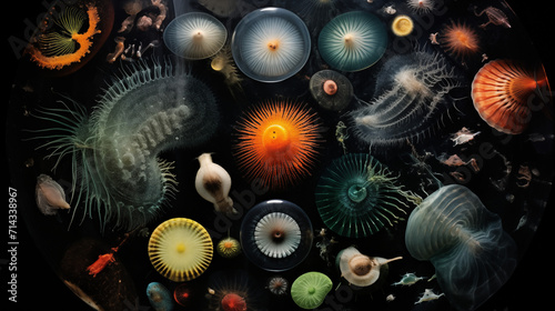 Species of jellyfish and other organic creatures from the ocean isolated on a black background