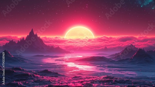 A sunset from the 80s, with vapor, neon lights, and lasers, evokes nostalgia in a purple retro-futuristic landscape with tranquil waves