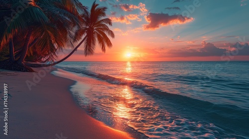 Tropical Sunset and Palm Silhouette on Serene Beach
