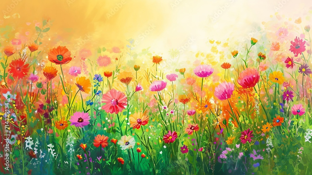 Painting of a Colorful Field Bursting With Fragrant Flowers Painting of a Colorful Field Bursting With Fragrant Flowers