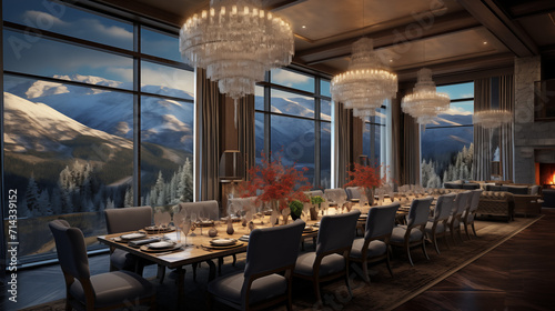 Dining room of a luxury resort is set up as a lounge with large windows overlooking the mountains photo