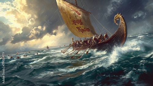 Fotografia Viking longship sailing on a rough, cold North Atlantic sea, with a group of Vik