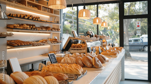 bakery with sleek design, showcasing an array of artisan breads and pastries, soft diffused lighting, a calm morning scene