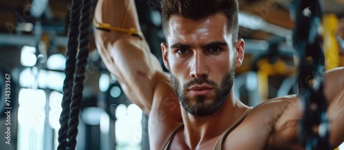 Fit male athlete wearing sportswear exercises in gym.