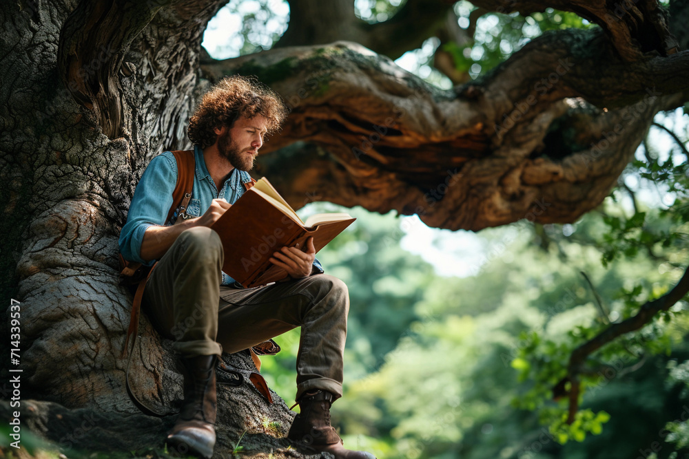 poet in a thoughtful pose, writing in a leather-bound notebook, under the canopy of a large, ancient tree in a lush, tranquil forest, symbolizing creativity and connection with nature