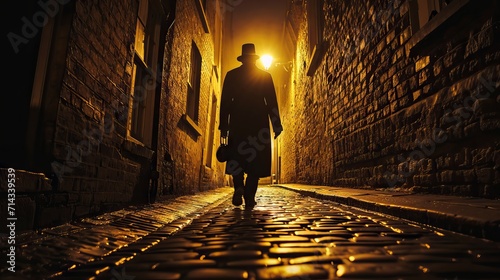A man walks on a narrow and stony street photo