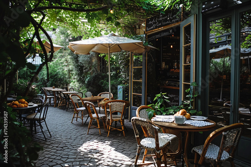 quaint bakery café with outdoor seating, fresh baguettes and croissants on the tables, greenery around, a relaxed afternoon setting