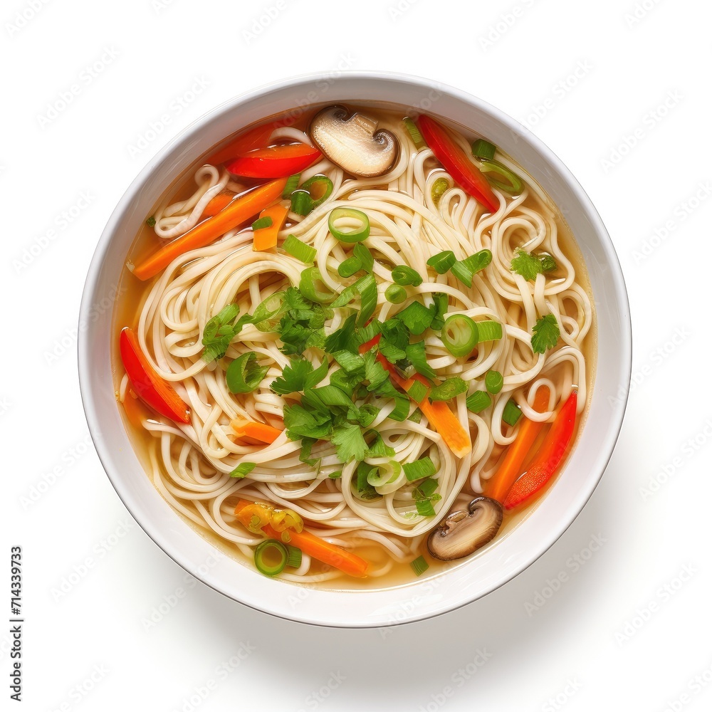 Bowl of Vegetarian Ramen Noodle Soup with Mushrooms and Carrots Isolated on a White Background Bowl of Vegetarian Ramen Noodle Soup with Mushrooms and Carrots Isolated on a White Background