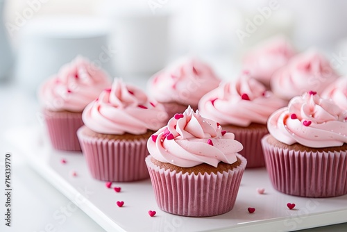 Delicious Pink Cupcakes on a White Kitchen Counter with Space for Copy