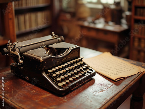 typewriter on an old wooden desk, with a sheet of paper featuring a beautifully handwritten poem, surrounded by a serene, softly-lit library setting