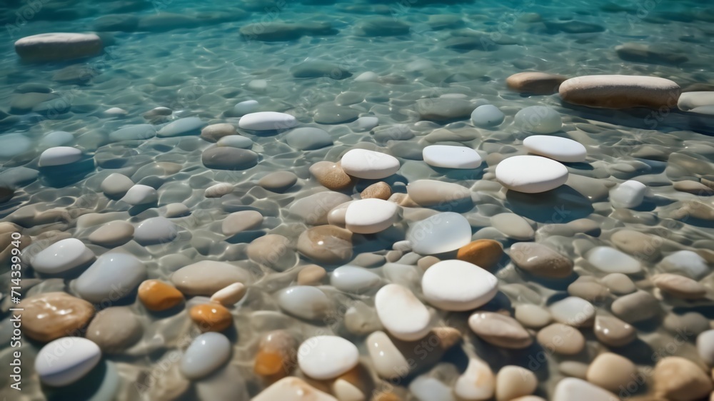 White stones with sun lights shadow in clear ripple water. Sea stones in the sea water. Pebbles under water. top view. abstract spa background concept banner for cosmetic care product.Ai generative White stones with sun lights shadow in clear ripple water. Sea stones in the sea water. Pebbles under water. top view. abstract spa background concept banner for cosmetic care product.Ai generative