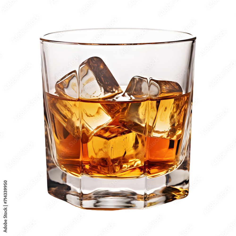 A close-up of a whiskey glass with ice cubes on transparent background