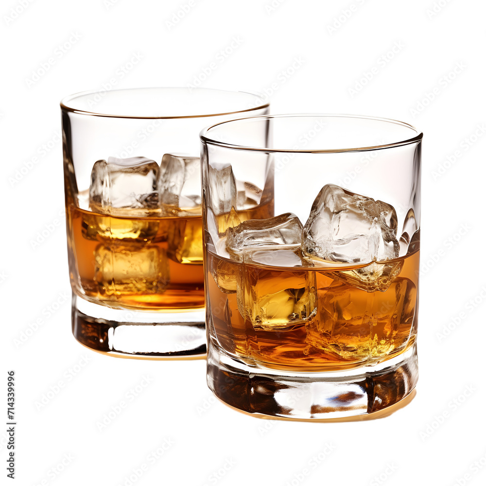 A close-up of a whiskey glass with ice cubes on transparent background A close-up of a whiskey glass with ice cubes on transparent background