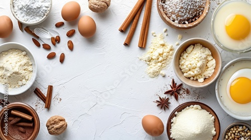 Baking ingredients and utensils for cake decorating on a white surface, showcasing the art of baking photo