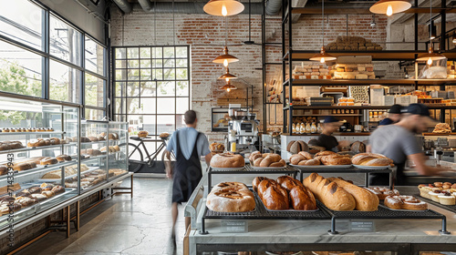 bakery with exposed brick walls, sourdough breads and eclairs on metal racks, trendy and bustling, a busy weekday photo