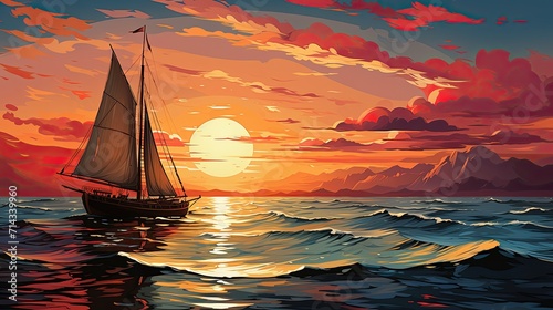 Beautiful sailboat sailing on the calm ocean waters, illuminated by the warm hues of a breathtaking sunset © YULIA