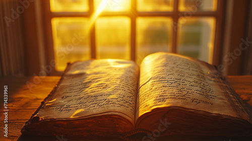 aged poetry book with elegant, intricate calligraphy, illuminated by the golden glow of a sunset through a window, evoking a feeling of nostalgia and inspiration