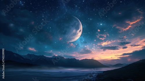  a view of a mountain range with a moon in the sky and a distant mountain range in the foreground with a body of water in the foreground with mountains in the foreground.