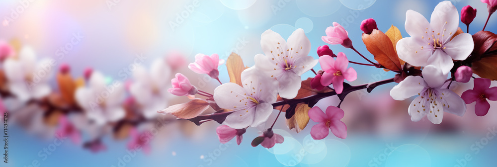 Branch of cherry blossoms on light blue background. Spring pastel motif in flat lay style. Springtime, easter and nature concept. Design for banner, greeting cards, templates and invitations