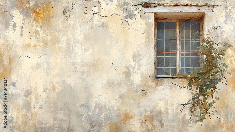  a painting of an old building with a window and a vine growing up the side of the building and a cat sitting on the window sill looking out of the window.