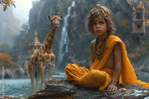 Young Boy Sitting on Rock Next to Giraffe in Natural Surroundings. A young boy preciously observing a giraffe as they sit together on a rock in a picturesque setting. photo