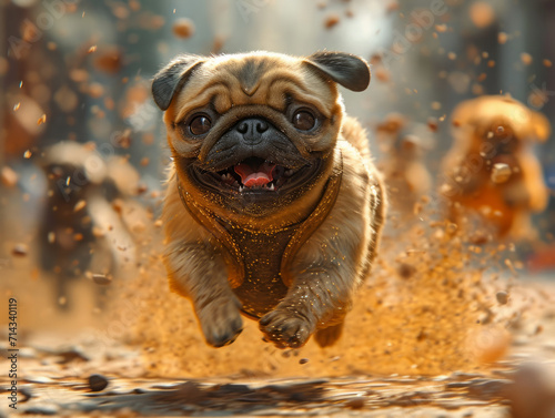 Pug Dog Playfully Dashes Through Muddy Puddle. A lively pug dog enthusiastically splashes through a puddle of mud, showing its playful and mischievous nature.