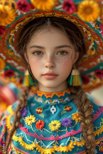 Young Girl in Colorful Dress and Hat. A vibrant photo capturing a young girl wearing a colorful dress and hat. Outdoor Portrait Photo