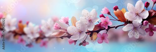 Branch of cherry blossoms on light blue background. Spring pastel motif in flat lay style. Springtime  easter and nature concept. Design for banner  greeting cards  templates and invitations