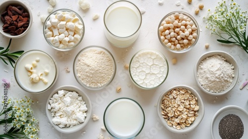 Assortment of plant-based milk alternatives on a clean white surface, dairy-free lifestyle concept photo