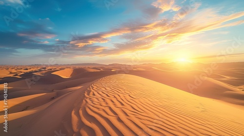  the sun is setting over a desert with sand dunes and sand dunes in the foreground and a blue sky with wispy wispy clouds in the background.