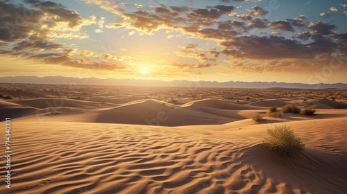  the sun sets over a desert landscape with sand dunes and scrubby grass in the foreground and mountains in the distance, with a few clouds in the distance.