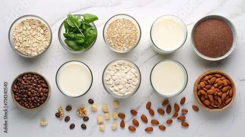 Assortment of plant-based milk alternatives on a clean white surface, dairy-free lifestyle concept