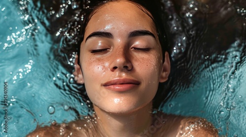 a close up of a woman in a pool of water with her eyes closed and her head above the water. 