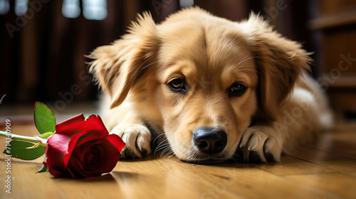 Adorable puppy lying down on a wooden floor with a red rose