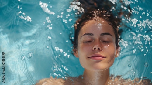 a close up of a woman in a pool of water with her eyes closed and her head above the water.     © Emil