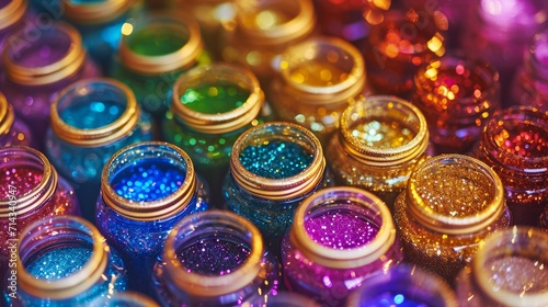 a close up of many jars filled with different colors of glitter and gold rimmed jars filled with different colors of glitter and gold rimmed gold rimmed jars     