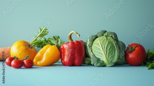  a group of vegetables sitting next to each other on top of a blue surface with a green leafy plant in the middle of the middle of the row of them.