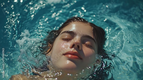 a close up of a woman in a pool of water with her eyes closed and her head above the water.     