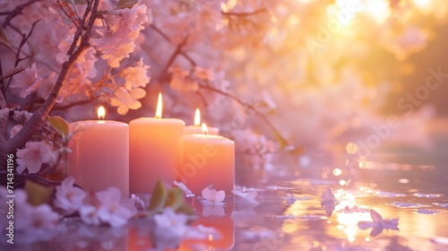  a group of candles sitting on top of a table next to a body of water with flowers on the side of the water and a tree with pink flowers in the background.
