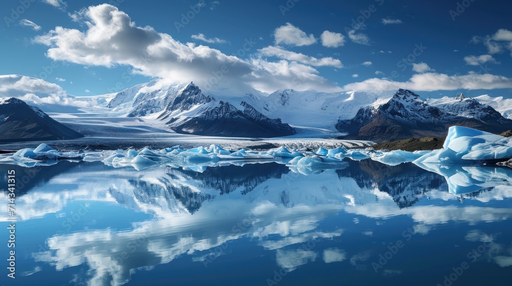  a group of icebergs floating on top of a lake in front of a mountain range with snow capped peaks in the distance and a blue sky with clouds reflected in the water.
