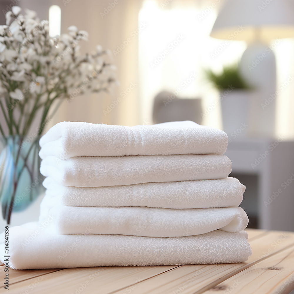Stack of clean towels countertop in bathroom. Space for text Stack of clean towels countertop in bathroom. Space for text