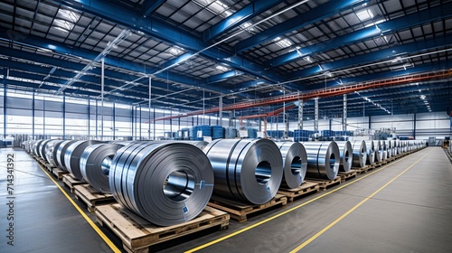 Galvanized sheet steel coils in factory warehouse, ready for production and distribution.