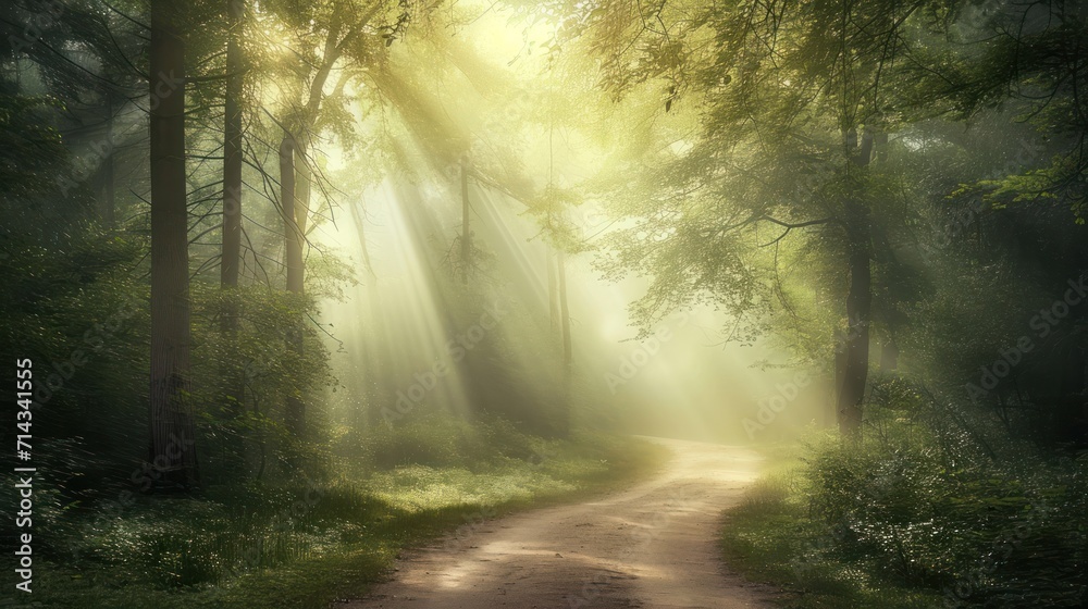  a dirt road in the middle of a forest with sunbeams shining through the trees on either side of the road is a dirt road that leads to a forest.