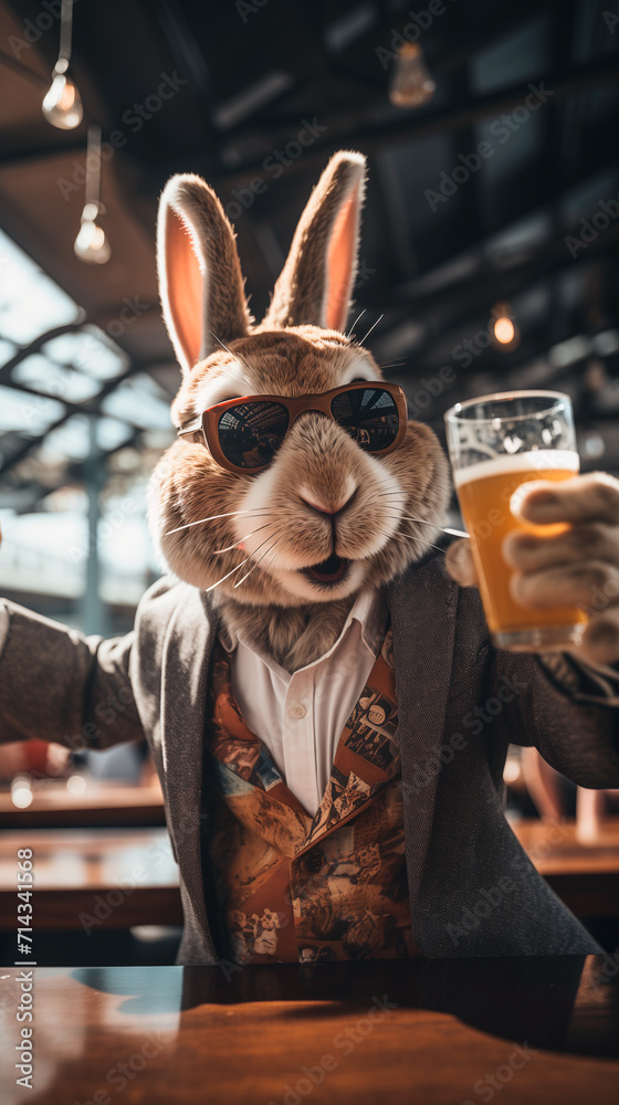 A cool, modern style funny Easter bunny partying and celebrating Easter holiday with beer